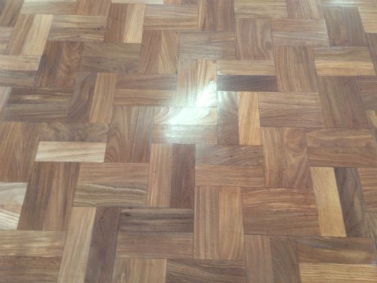 Close up of the finished parquet wood block floor