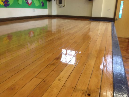 Rhosddu Primary School Stage Maple Strip Flooring Sanded and Sealed
