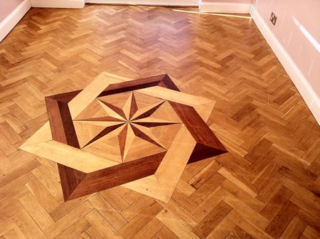 Rustic Oak Parquet Wood Block Flooring With Marquetry insert Sanded and Sealed in Cheshire